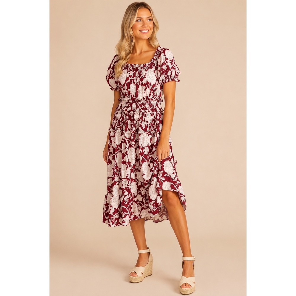 Time and Tru Womens Floral Smocked Midi Dress Burgundy White Large 12-14